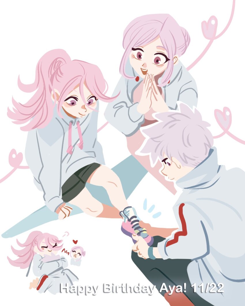 1boy, 2girls, closed_mouth, happy_birthday, highres, kemono_jihen, long_hair, multiple_girls, multiple_views, open_mouth, pink_hair, purple_eyes, short_hair, siblings, tademaru_aya, tademaru_shiki, white_background, yamagumonoko_kumi, ye_oun