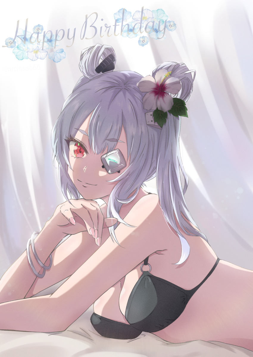 1girl, absurdres, bracelet, breasts, commentary_request, eyepatch, flower, grey_hair, hair_flower, hair_ornament, happy_birthday, heaven_burns_red, highres, jewelry, large_breasts, looking_at_viewer, orcinus666, red_eyes, swimsuit, yamawaki_bon_ivar