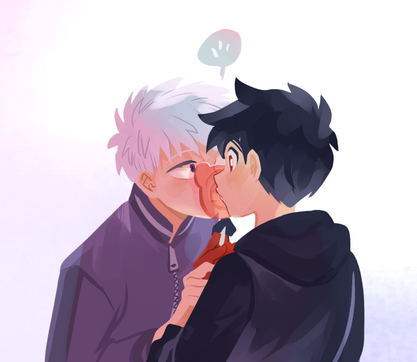 2boys, black_hair, candy, eye_contact, food, gloves, highres, indirect_kiss