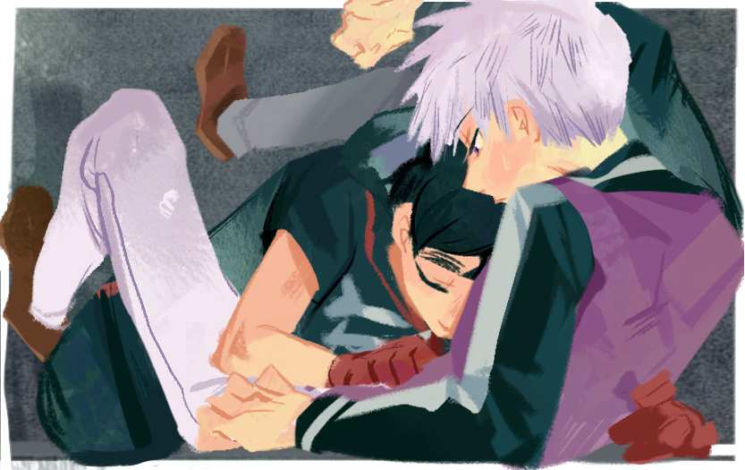 2boys, black_hair, border, full_body, gloves, kemono_jihen, kusaka_kabane, looking_at_another