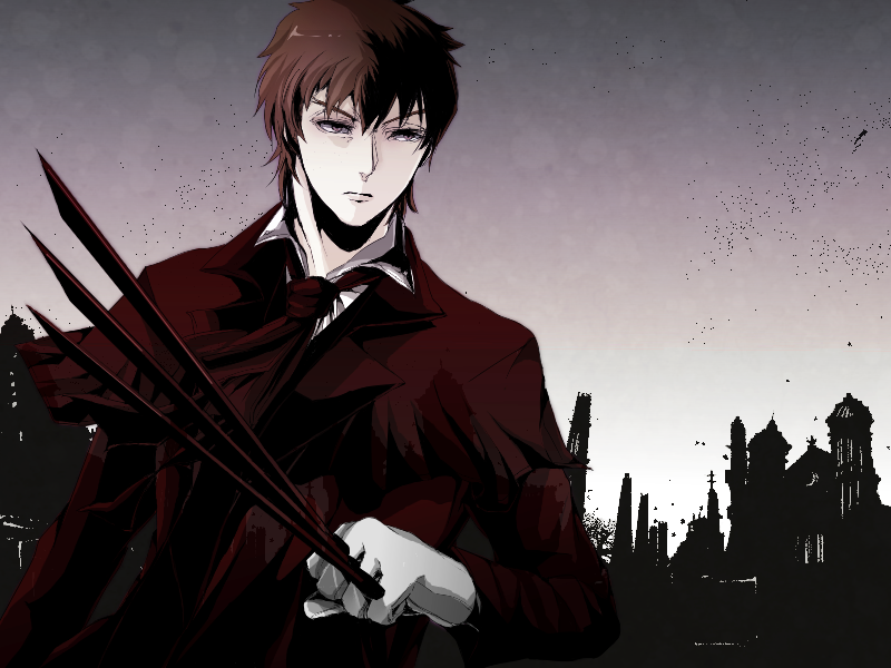 1boy, alucard_(hellsing), alucard_(hellsing)_(cosplay), bad_id, bad_pixiv_id, between_fingers, black_keys_(type-moon), blood, brown_eyes, brown_hair, cosplay, crispin_freeman, fate/stay_night, fate/zero, fate_(series), hellsing, holding, knife, kotomine_kirei, male_focus, nakata_jouji, short_hair, solo, toko-ro_ten, voice_actor_connection