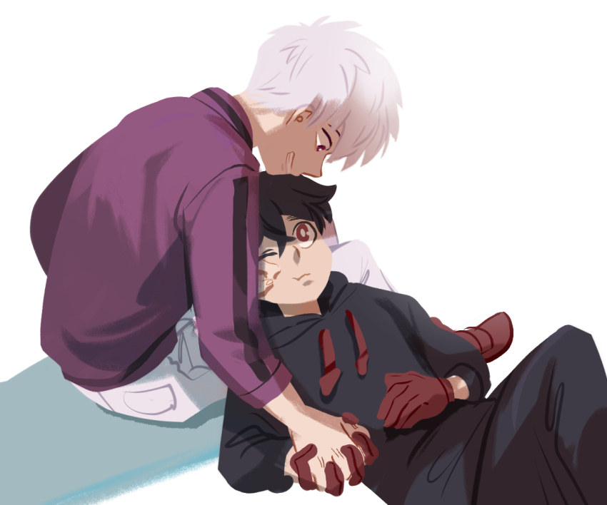 2boys, black_hair, gloves, holding_hands, hood, hoodie, kemono_jihen, kusaka_kabane