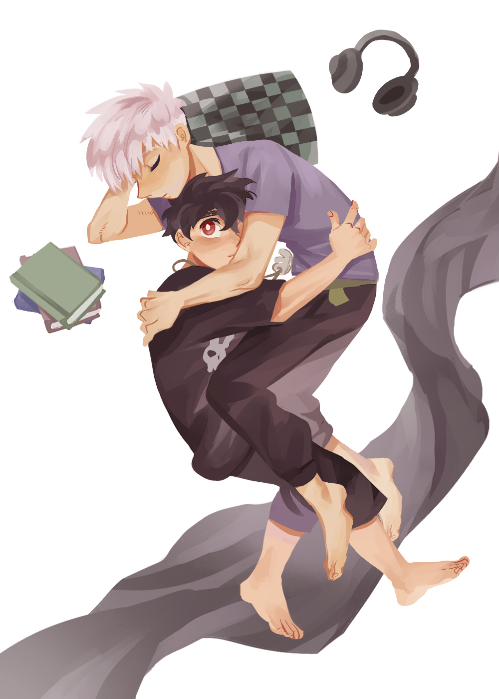 2boys, barefoot, black_hair, cuddling, feet, full_body, highres, jewelry, kemono_jihen, kusaka_kabane, male_focus, multiple_boys, necklace, pink_hair, shirt, short_hair, tademaru_shiki, yaoi, ye_oun