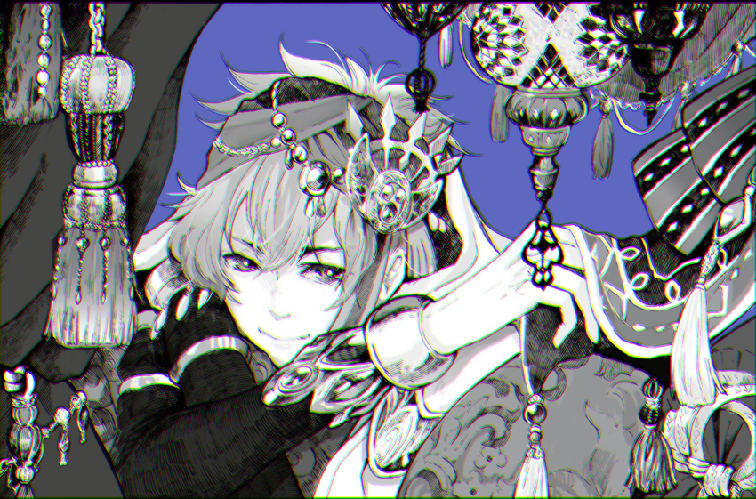 1boy, ali_baba_(grimms_notes), ali_baba_(shinsei)_(grimms_notes), bad_id, bad_pixiv_id, bandana, bare_shoulders, blue_background