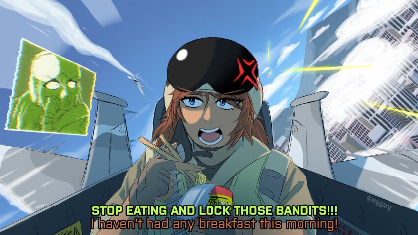 1boy, 1girl, ace_combat, aerial_battle, aircraft, airplane, battle, canopy_(aircraft), chopsticks, cockpit, dogfight, eating, flight_suit, food, helmet, highres, holding, holding_chopsticks, holding_food, mgguy, noodles, pilot, pilot_helmet, pilot_uniform, project_wingman, ramen