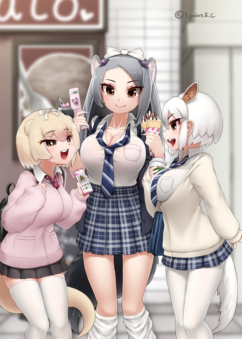 3girls, absurdres, animal_ears, anteater_ears, anteater_tail, black_hair, blonde_hair, blush