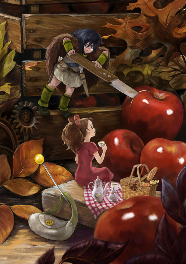 10s, 1boy, 1girl, apple, arrietty, bad_id, bad_pixiv_id, bag