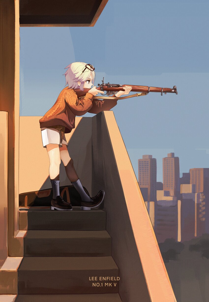 1girl, absurdres, ahoge, aiming, arm_support, bolt_action, boots, brown_eyes