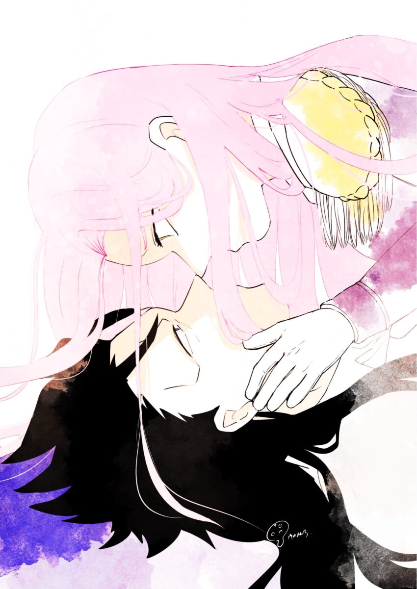 1boy, 1girl, black_hair, collared_shirt, commentary_request, couple, epaulettes, girl_on_top