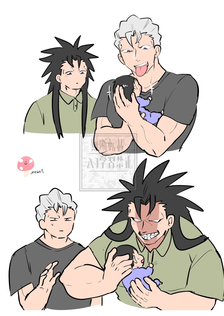 3boys, andy_(undead_unluck), baby, black_hair, black_shirt, blue_eyes, carrying, carrying_person