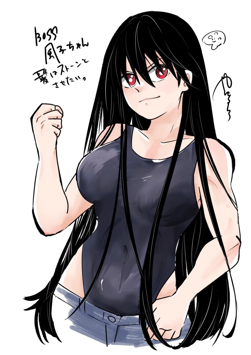 1girl, black_hair, black_one-piece_swimsuit, breasts, collarbone, commentary_request, denim, highres, izumo_fuuko, jeans, large_breasts, long_hair, one-piece_swimsuit, pants, red_eyes, simple_background, sketch, sleeveless, swimsuit, undead, undead_unluck, white_background, yonchitaso