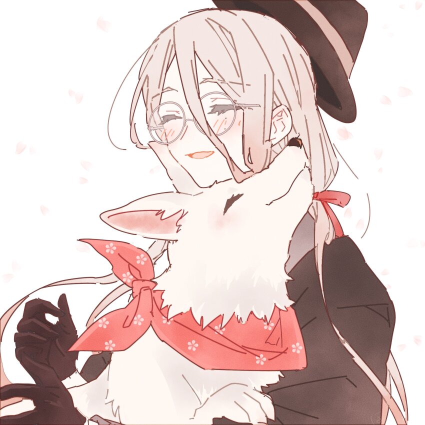 1boy, :d, animal, animal_hug, black_gloves, black_haori, black_jacket, blush