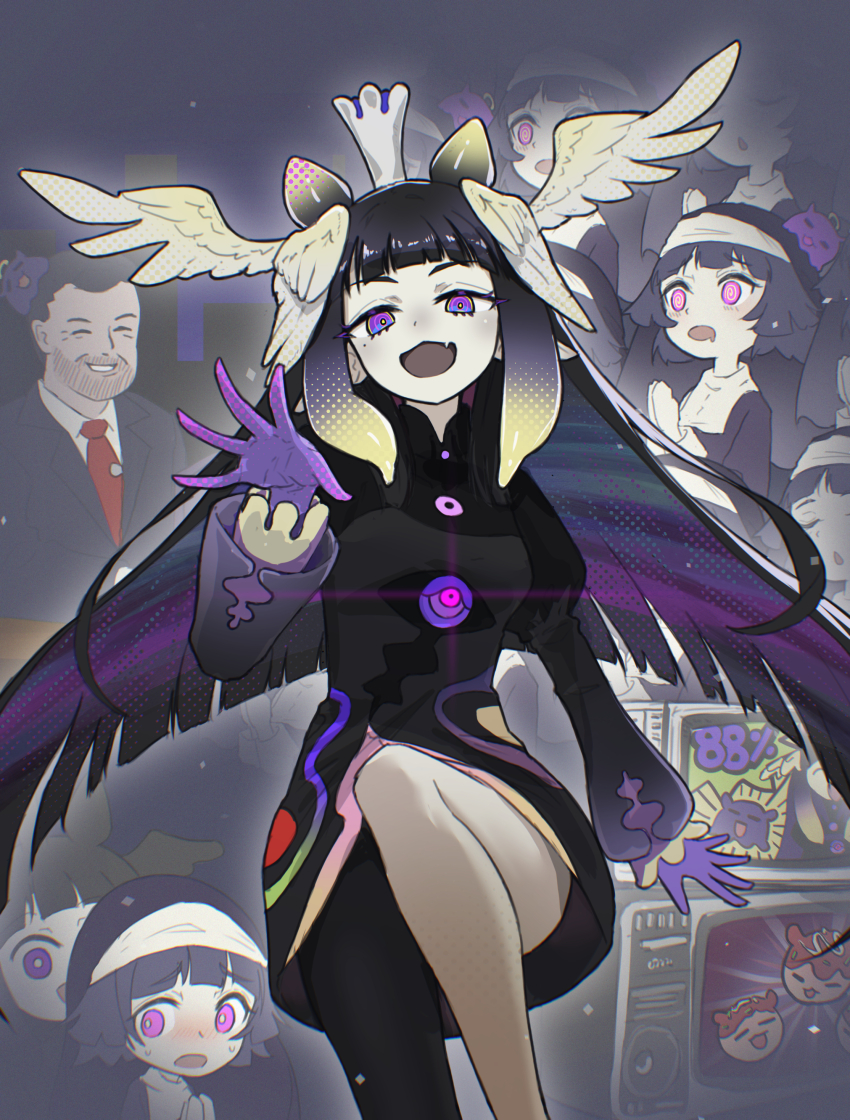 1boy, :d, @_@, absurdres, black_dress, black_sky, blonde_hair, character_request