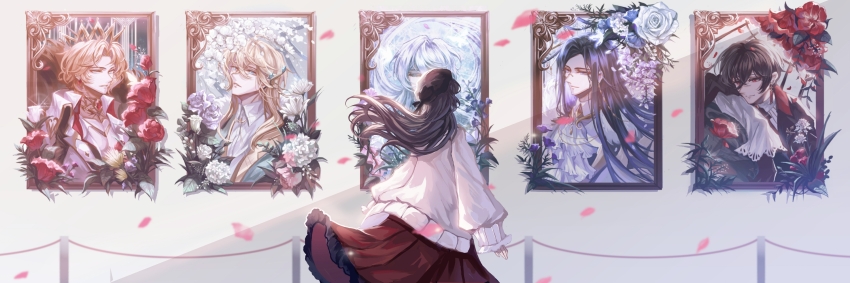 1girl, 5boys, ahoge, alkaid_mcgrath, alkaid_mcgrath_(godheim), aqua_eyes, arch, arm_rest