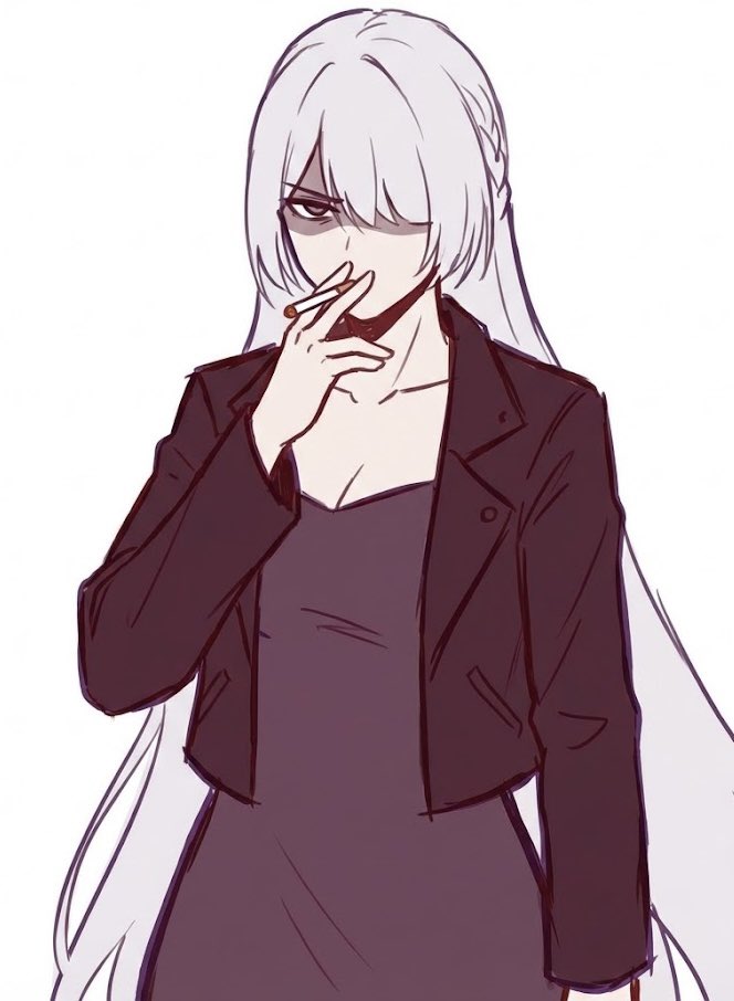 1girl, ak-15_(girls'_frontline), alternate_costume, black_jacket, braid, breasts, cigarette, cleavage, collarbone, commentary_request, dress, girls'_frontline, girls'_frontline_2:_exilium, grey_hair, hair_over_one_eye, holding, holding_cigarette, jacket, long_hair, milk_tea_(freesky1031), purple_dress, purple_eyes, shaded_face, simple_background, smoking, solo, upper_body, very_long_hair, voymastina_(girls'_frontline_2), white_background