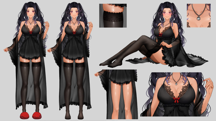 1girl, absurdres, babydoll, black_hair, black_thighhighs, bow, breasts, cleavage