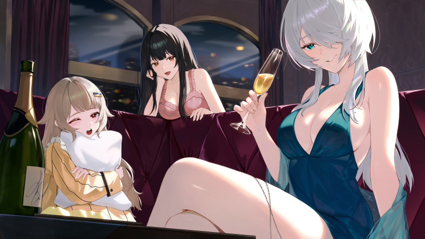 3girls, :d, ;o, absurdres, alcohol, alternate_costume, annmiga, babydoll