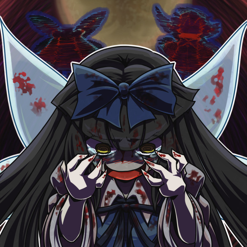 3girls, black_hair, blood, bow, colored_skin, crazy, fairy, female_focus, hair_bow, highres, koishi_komeiji's_heart-throbbing_adventure, long_hair, luna_child, luna_star, monopollian, monopollyan, moon, multiple_girls, pale_skin, star_sapphire, sunny_milk, tears, touhou, white_skin, yellow_eyes