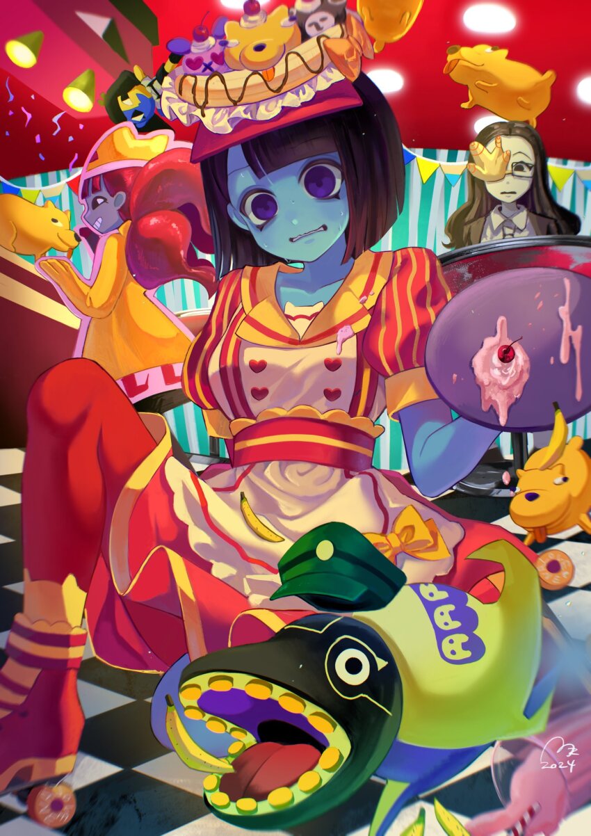 alternate_costume, animal, banana, black_hair, blue_skin, blunt_bangs, blunt_ends, bob_cut