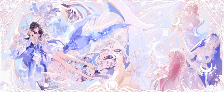 4girls, absurdres, aria_(genshin_impact), bare_shoulders, barefoot, black_hair, blonde_hair, blue_veil