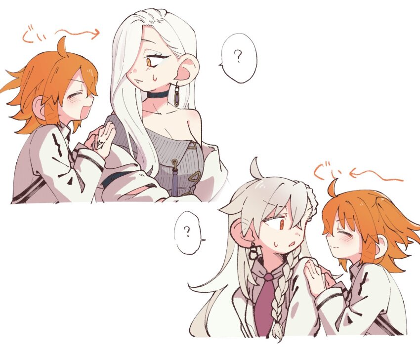 3girls, ahoge, bare_shoulders, blush, braid, breasts, choker, cleavage