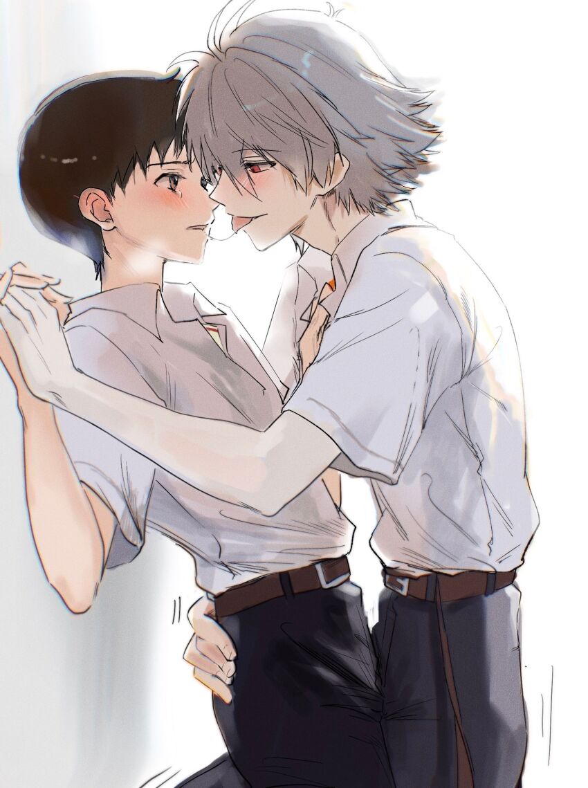 2boys, belt, black_pants, blush, brown_belt, brown_hair, from_side, grabbing_another's_ass, groping, hand_on_another's_chest, highres, holding_hands, ikari_shinji, kiss, male_focus, multiple_boys, nagisa_kaworu, neon_genesis_evangelion, pale_skin, pants, red_eyes, saliva, saliva_trail, school_uniform, shirt, shirt_tucked_in, short_hair, simple_background, soraaaa53, tearing_up, tongue, tongue_out, very_short_hair, white_background, white_hair, white_shirt, yaoi