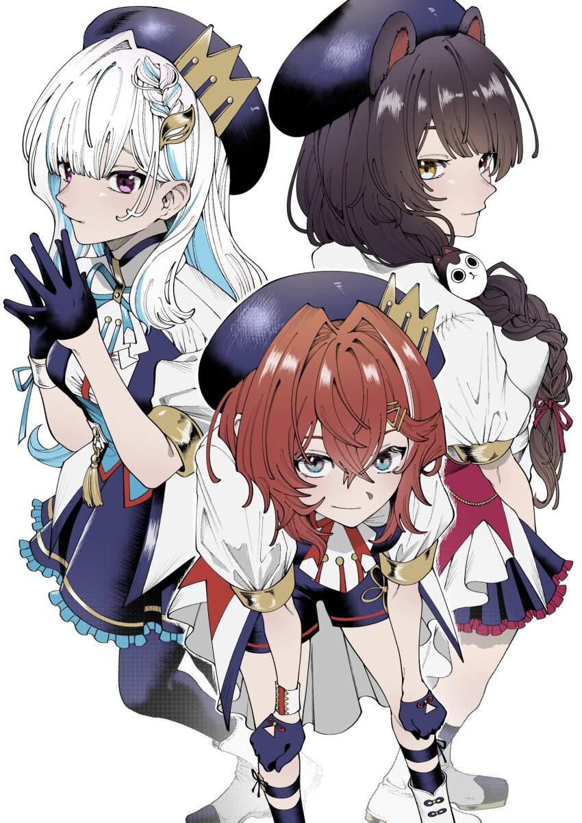 3girls, ange_katrina, animal_ears, animal_hair_ornament, ankle_boots, beret, blue_eyes, blue_gloves, blue_hair, blue_hat, blue_ribbon, blue_shorts, blue_skirt, blue_socks, blue_thighhighs, boots, braid, breasts, brown_hair, closed_mouth, colored_inner_hair, contrast_lapels, crossed_bangs, crown_hat_ornament, dog_ears, frilled_skirt, frills, gloves, hair_behind_ear, hair_between_eyes, hair_intakes, hair_ornament, hair_over_shoulder, hands_on_own_knees, hands_up, hashtag-only_commentary, hat, heterochromia, hiehiepasuta, highres, inui_toko, jacket, lapels, leaning_forward, lize_helesta, long_bangs, long_hair, looking_at_viewer, miniskirt, multicolored_eyes, multicolored_hair, multiple_girls, neck_ribbon, nijisanji, own_hands_together, pink_eyes, pleated_skirt, puffy_short_sleeves, puffy_sleeves, purple_eyes, red_eyes, red_hair, ribbon, sanbaka_(nijisanji), sanbaka_anniversary_outfit, shin_strap, short_sleeves, shorts, simple_background, single_hair_intake, single_wrist_cuff, skirt, small_breasts, smile, socks, standing, steepled_fingers, streaked_hair, thighhighs, two-tone_eyes, two-tone_hair, very_long_hair, virtual_youtuber, white_background, white_boots, white_hair, white_jacket, white_wrist_cuffs, wrist_cuffs, wrist_ribbon, yellow_eyes
