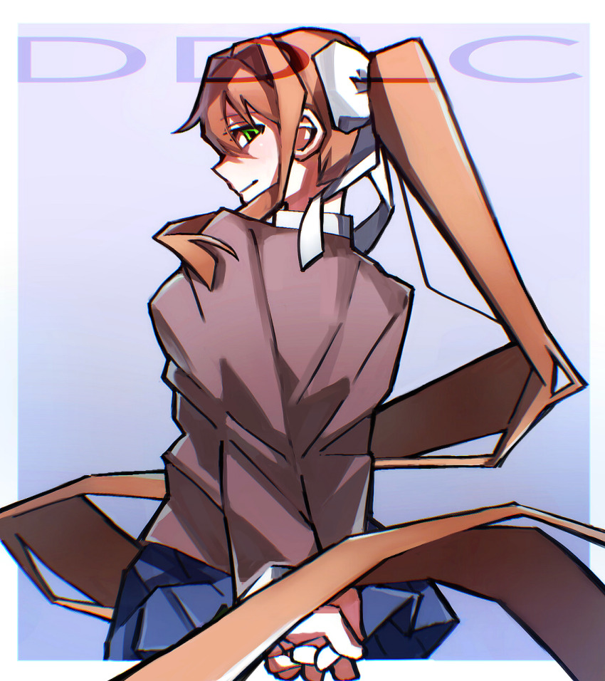 1girl, blazer, bow, brown_hair, collar, collared_shirt, doki_doki_literature_club, doki_doki_literature_club_school_uniform