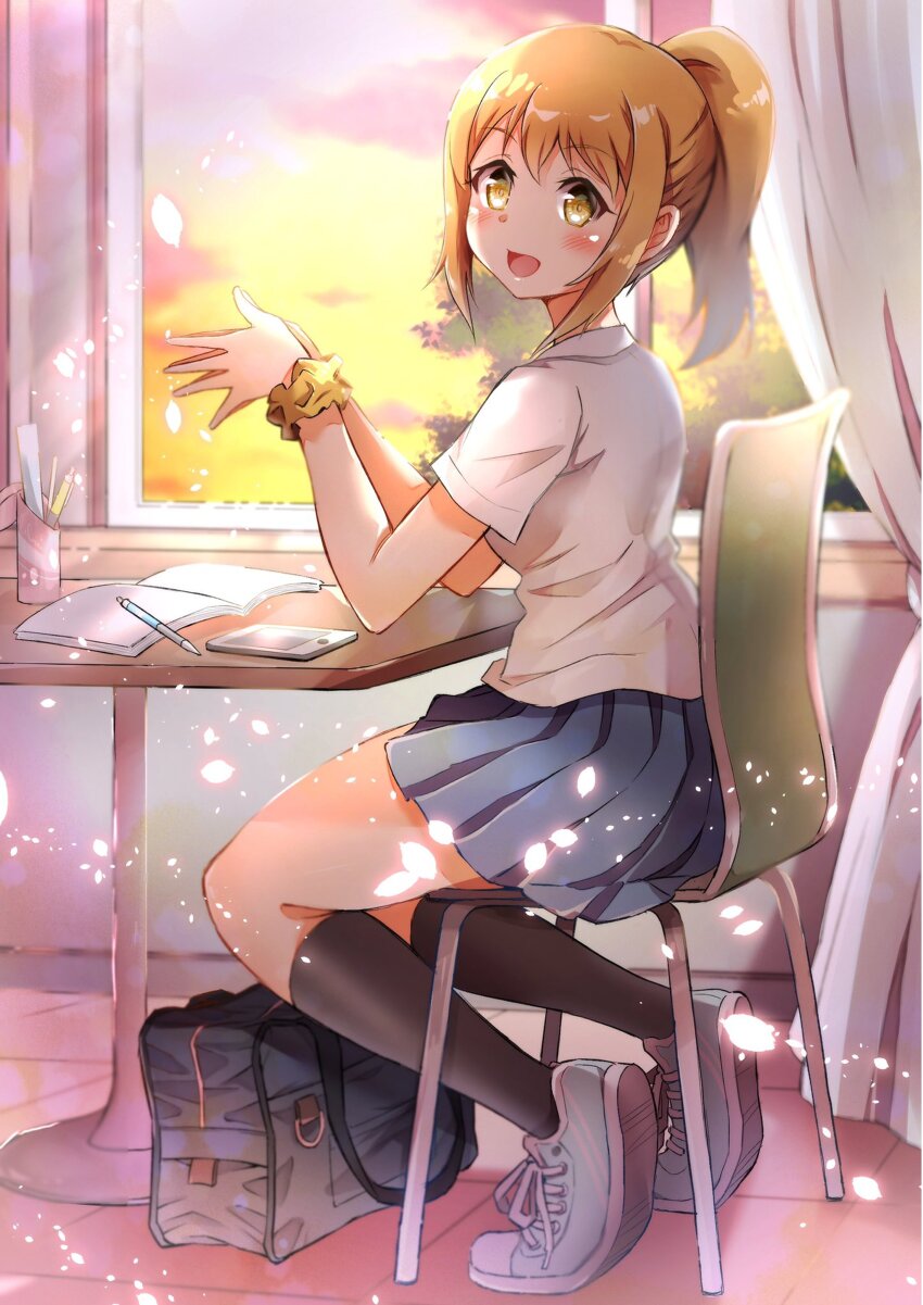 1girl, absurdres, aqua_shoes, artist_collaboration, bag, black_socks, blue_skirt, book