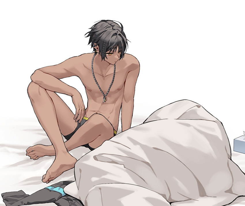 1boy, 1other, abs, arknights, barefoot, bishounen, black_hair, black_male_underwear