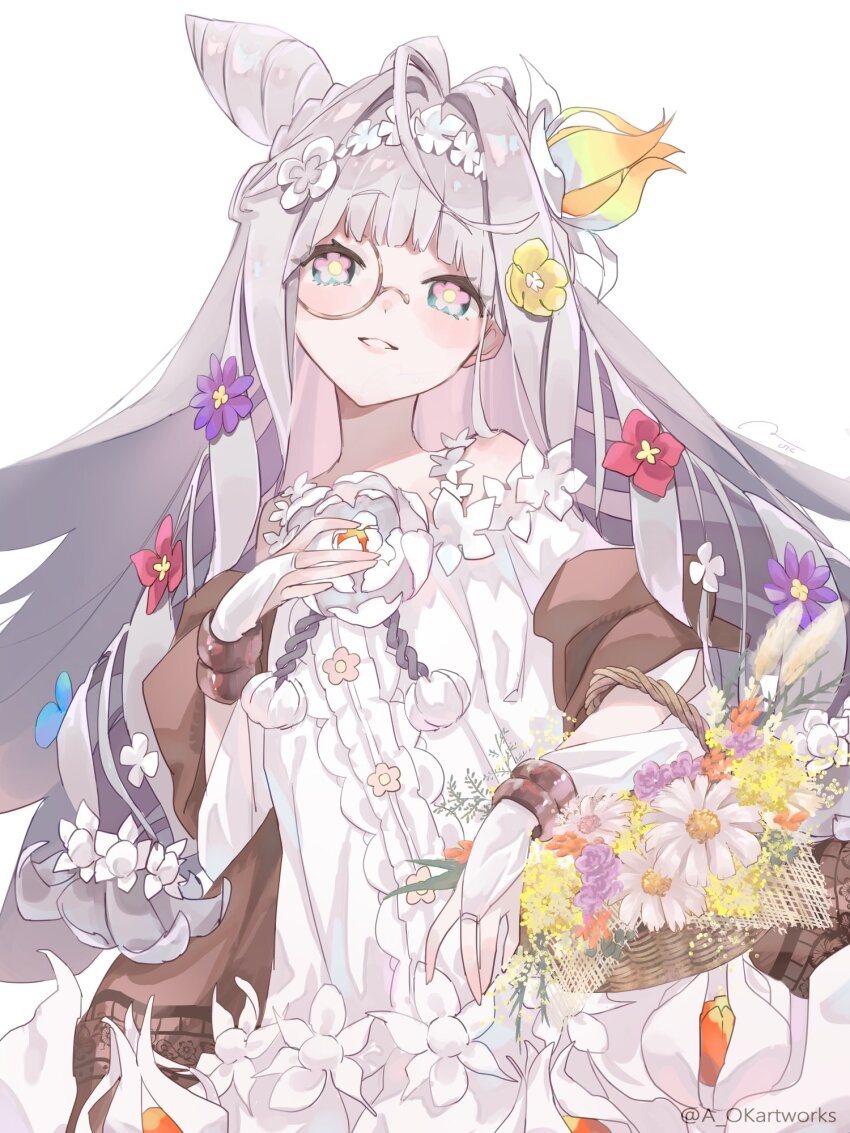 1girl, aopix_001, blush, commentary_request, cone_hair_bun, dress, fate/grand_order, fate_(series), flora_(fate), flower, green_eyes, hair_bun, highres, looking_at_viewer, smile, white_dress, white_hair