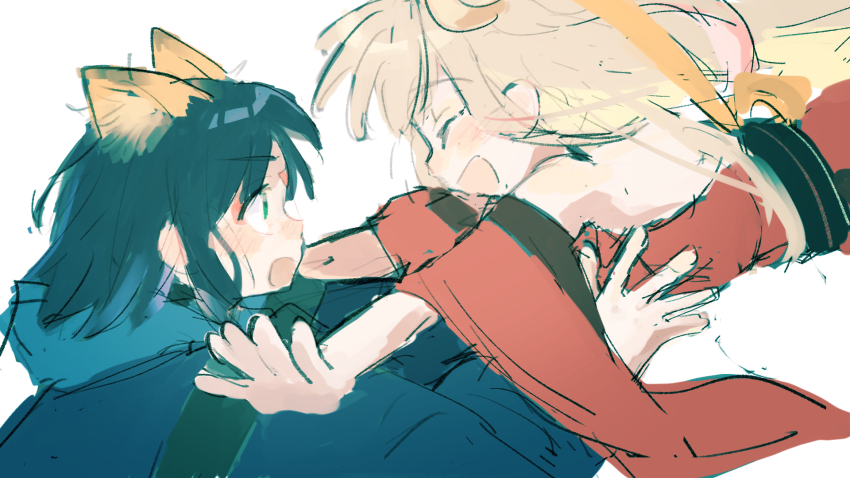 2girls, animal_ears, arms_up, blonde_hair, blue_jacket, blush, cho_kaguya-hime!, closed_eyes