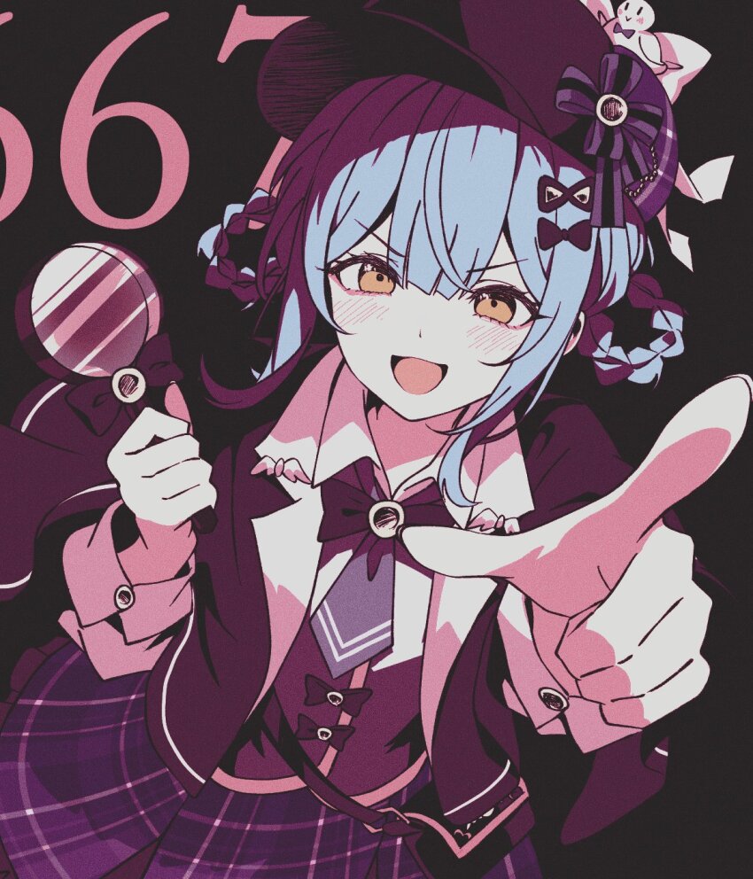 1girl, :d, bag, bird_hat_ornament, black_background, black_bag, black_capelet, blue_hair