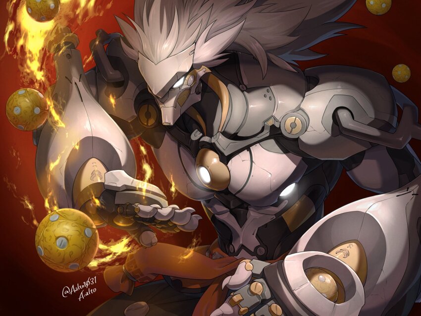 1boy, aalto1031, banyue_(zenless_zone_zero), clothed_robot, clothes_around_waist, fire, floating_ball, grey_hair