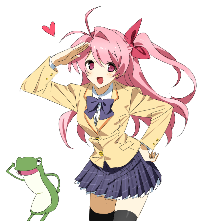 1girl, alion_9715, antenna_hair, bad_tag, black_thighhighs, blazer, blush, bow