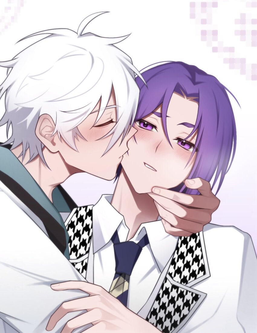 2boys, black_hoodie, blue_lock, blush, closed_eyes, commentary_request, flustered, grabbing_another's_arm