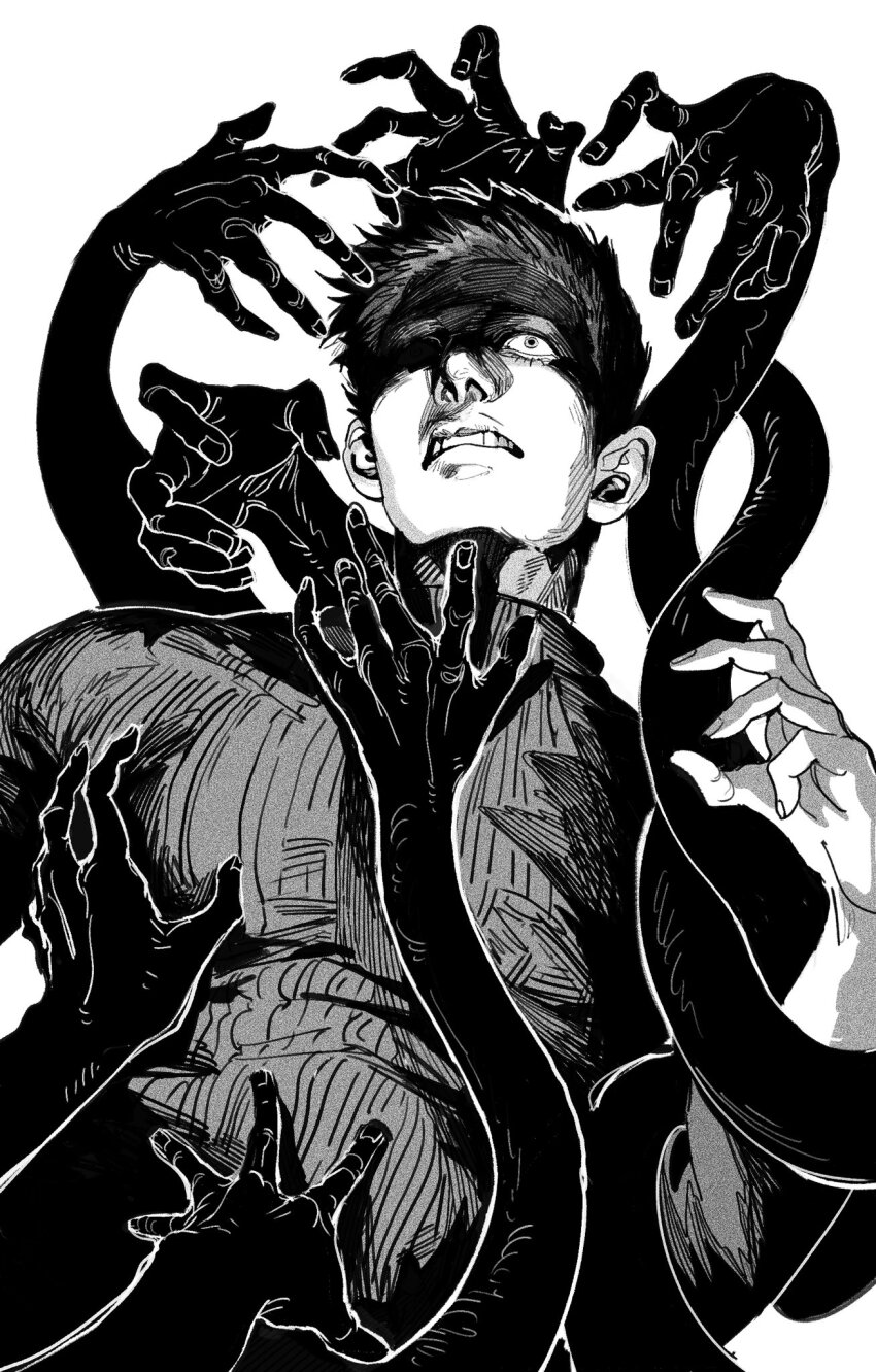 1boy, commentary_request, hand_on_another's_chest, hand_on_another's_stomach, highres, male_focus, no_i'm_not_a_human, one_eye_in_shadow