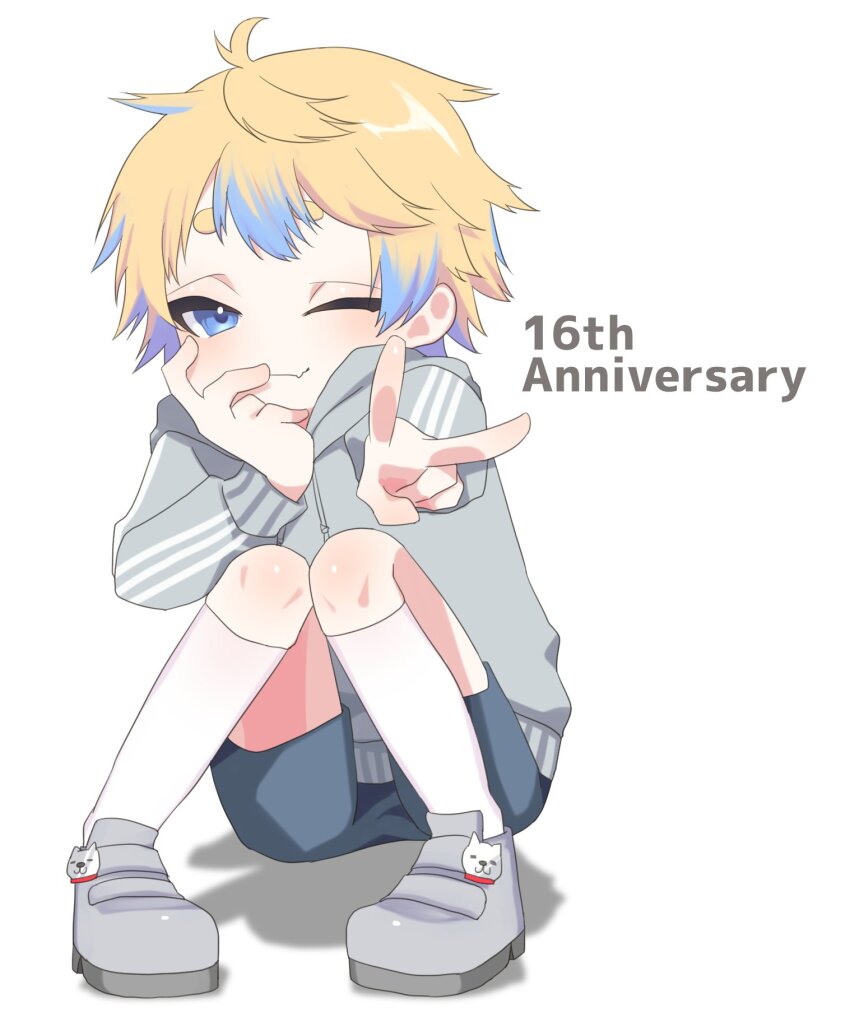 1boy, ahoge, anniversary, blonde_hair, blue_eyes, blue_hair, blue_shorts, child