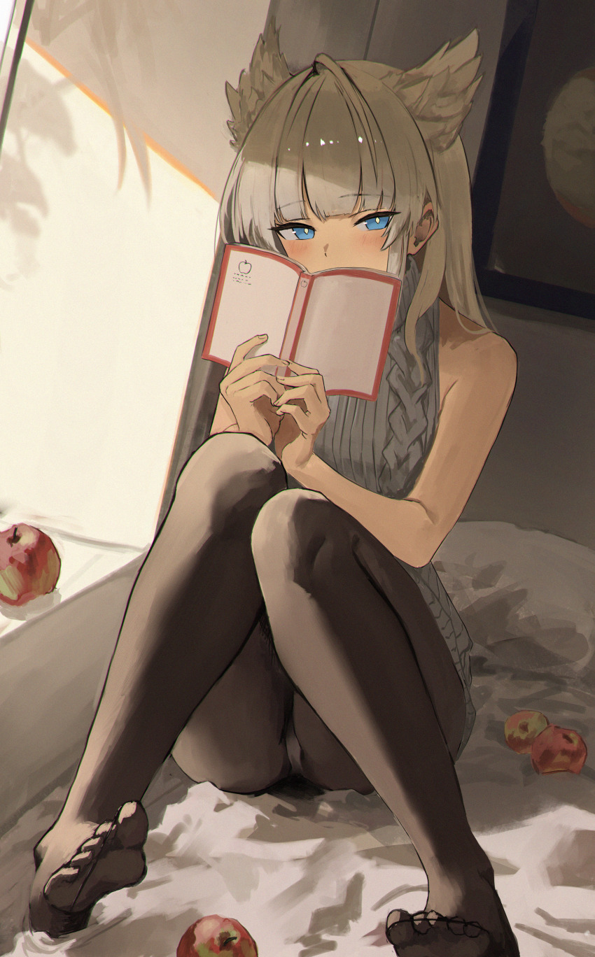 1girl, absurdres, animal_ears, arknights, arknights:_endfield, black_pantyhose, blue_eyes, book