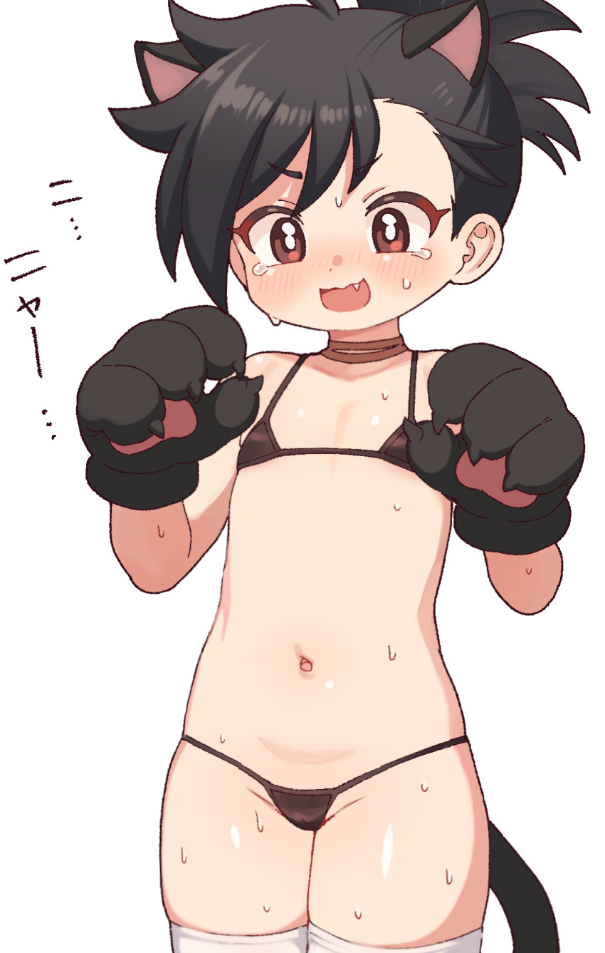 1girl, alternate_costume, animal_ears, animal_hands, asymmetrical_bangs, bare_shoulders, bikini, black_bikini