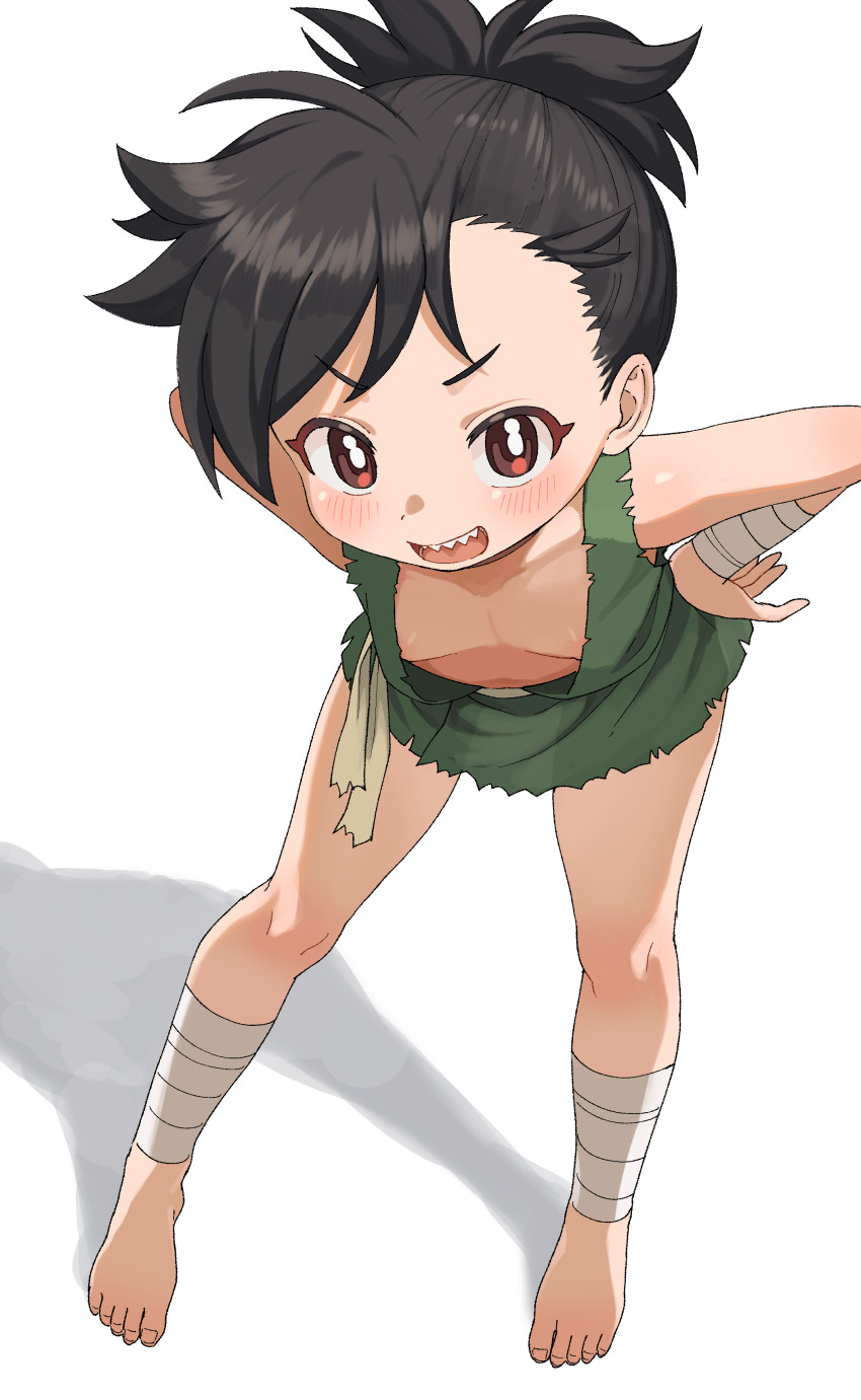1girl, absurdres, asymmetrical_bangs, bare_shoulders, barefoot, bent_over, black_hair, blush, commentary, dororo_(character), dororo_(tezuka), downblouse, extended_downblouse, flat_chest, full_body, funifuchan, green_tunic, hands_on_own_hips, highres, loli, looking_at_viewer, no_bra, open_mouth, red_eyes, shadow, sharp_teeth, short_hair, simple_background, smile, solo, standing, teeth, tomboy, tunic, v-shaped_eyebrows, white_background