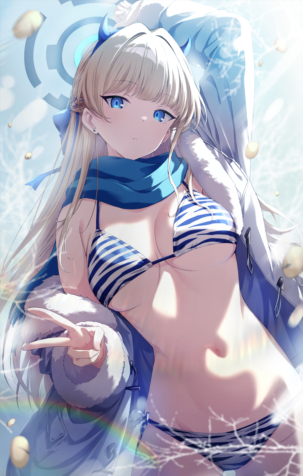1girl, arm_up, bikini, blonde_hair, blue_archive, blue_eyes, blue_hairband, blue_halo