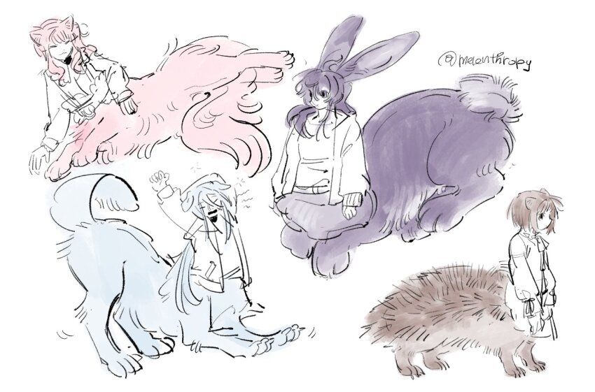 25-ji_nightcord_de._(project_sekai), 4girls, akiyama_mizuki, animal_ears, asahina_mafuyu, blue_fur, brown_fur, cat_ears, cat_tail, commentary, dog_ears, dog_girl, dog_tail, hedgehog_girl, melenthropy, monster_girl, monsterification, multiple_girls, pink_fur, project_sekai, purple_fur, rabbit_ears, rabbit_girl, rabbit_tail, shinonome_ena, stretching, untranslatable_commentary, tail, taur, yoisaki_kanade