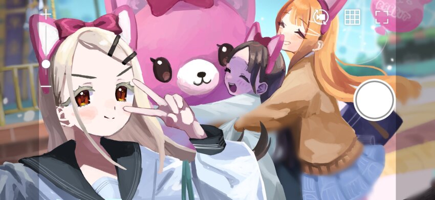 3girls, animal_ear_hairband, animal_ears, bag, balloon, black_sailor_collar, blonde_hair, blue_bag