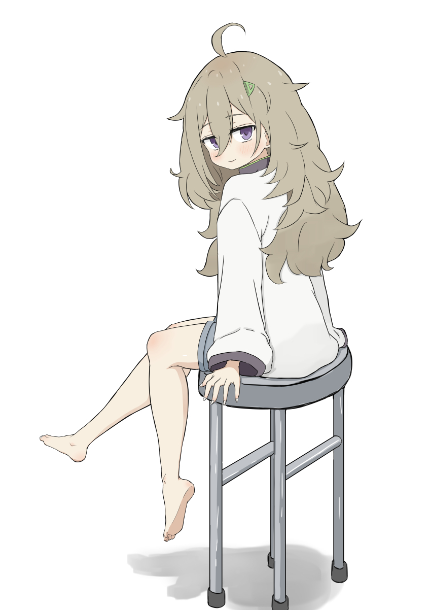 1girl, absurdres, ahoge, barefoot, brown_hair, closed_mouth, commentary_request, curly_hair, feet, from_side, grey_shorts, hair_between_eyes, hibi_wa_sugiredo_meshi_umashi, higa_tsutsuji, highres, jacket, knees_together_feet_apart, long_hair, long_sleeves, looking_at_viewer, looking_to_the_side, shorts, sitting, smile, solo, stool, tukihizx, white_background, white_jacket