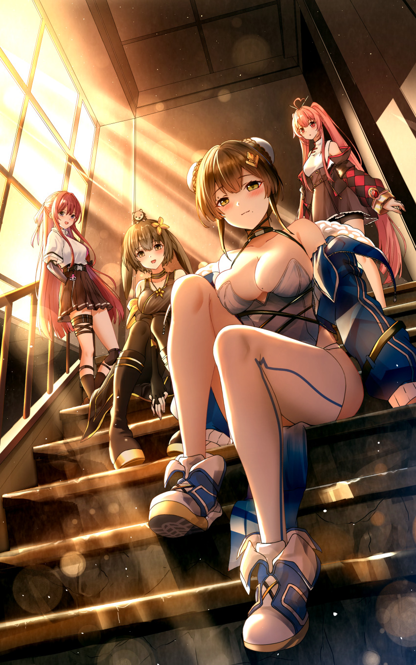 4girls, absurdres, ahoge, animal_ears, bare_shoulders, bike_shorts, bike_shorts_under_skirt, black_boots, black_choker, black_gloves, black_hair, black_kimono, black_pantyhose, black_skirt, blue_dress, blue_jacket, blush, boots, braid, braided_bun, braided_ponytail, breasts, brown_hair, bun_cover, chaos_zero_nightmare, choker, cleavage, closed_mouth, collared_shirt, commentary_request, cropped_jacket, detached_sleeves, double_bun, dress, elbow_gloves, fingerless_gloves, gloves, gradient_clothes, gradient_dress, hair_bun, hair_ornament, hair_ribbon, hamster, heart, heart_ahoge, high-waist_skirt, highres, izumikuu, jacket, japanese_clothes, kimono, large_breasts, long_hair, long_sleeves, looking_at_viewer, mei_lin_(chaos_zero_nightmare), mole, mole_on_breast, mole_under_mouth, multicolored_hair, multiple_girls, necktie, off_shoulder, open_clothes, open_jacket, pantyhose, piercing, pleated_skirt, pocket, puffy_long_sleeves, puffy_sleeves, purple_eyes, purple_necktie, red_eyes, red_hair, rei_(chaos_zero_nightmare), ribbon, sash, shirt, shirt_tucked_in, short_hair_with_long_locks, short_sleeves, sidelocks, single_thighhigh, sitting, skirt, sleeveless, sleeveless_kimono, smile, strapless, strapless_dress, sunlight, thigh_strap, thighhighs, thighs, twintails, veronica_(chaos_zero_nightmare), very_long_hair, white_shirt, wide_sleeves, window, yellow_eyes, yuki_(chaos_zero_nightmare), zipper