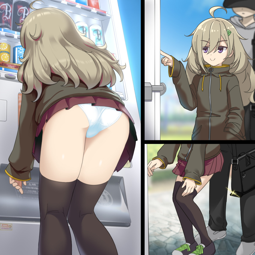 1boy, 1girl, absurdres, ahoge, ass, black_thighhighs, blurry, blurry_background