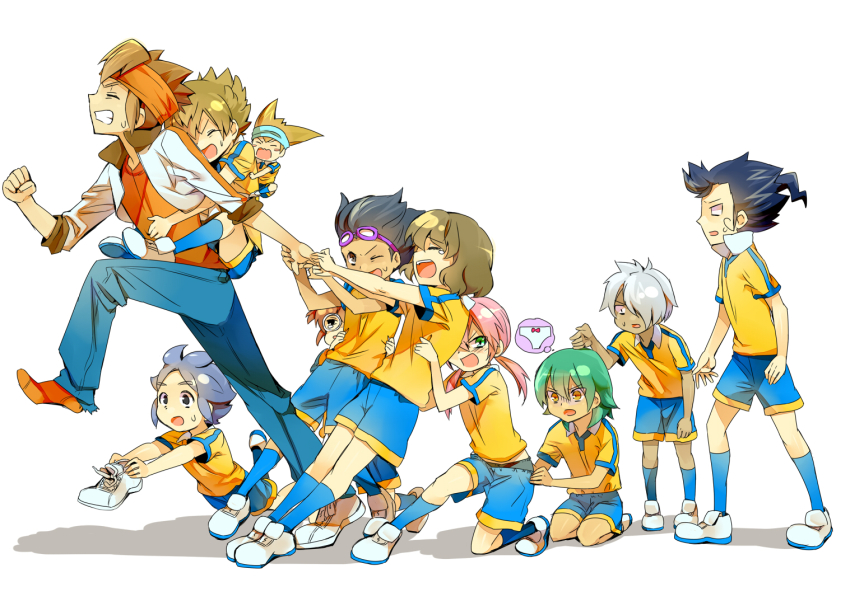 6+boys, aged_up, bad_id, bad_pixiv_id, blue_hair, brown_hair, clothes_pull, endou_mamoru, green_eyes, hamano_kaiji, hayami_tsurumasa, inazuma_eleven, inazuma_eleven_(series), inazuma_eleven_go, kageyama_hikaru, kariya_masaki, kirino_ranmaru, kurama_norihito, long_hair, male_focus, matsukaze_tenma, multiple_boys, nishizono_shinsuke, panties, pants, pants_pull, pulling, pulling_another's_clothes, raimon, raimon_soccer_uniform, shindou_takuto, short_hair, shorts, shorts_pull, soccer_uniform, sportswear, tears, tsurugi_kyousuke, twintails, underwear, white_background, zanunoneko