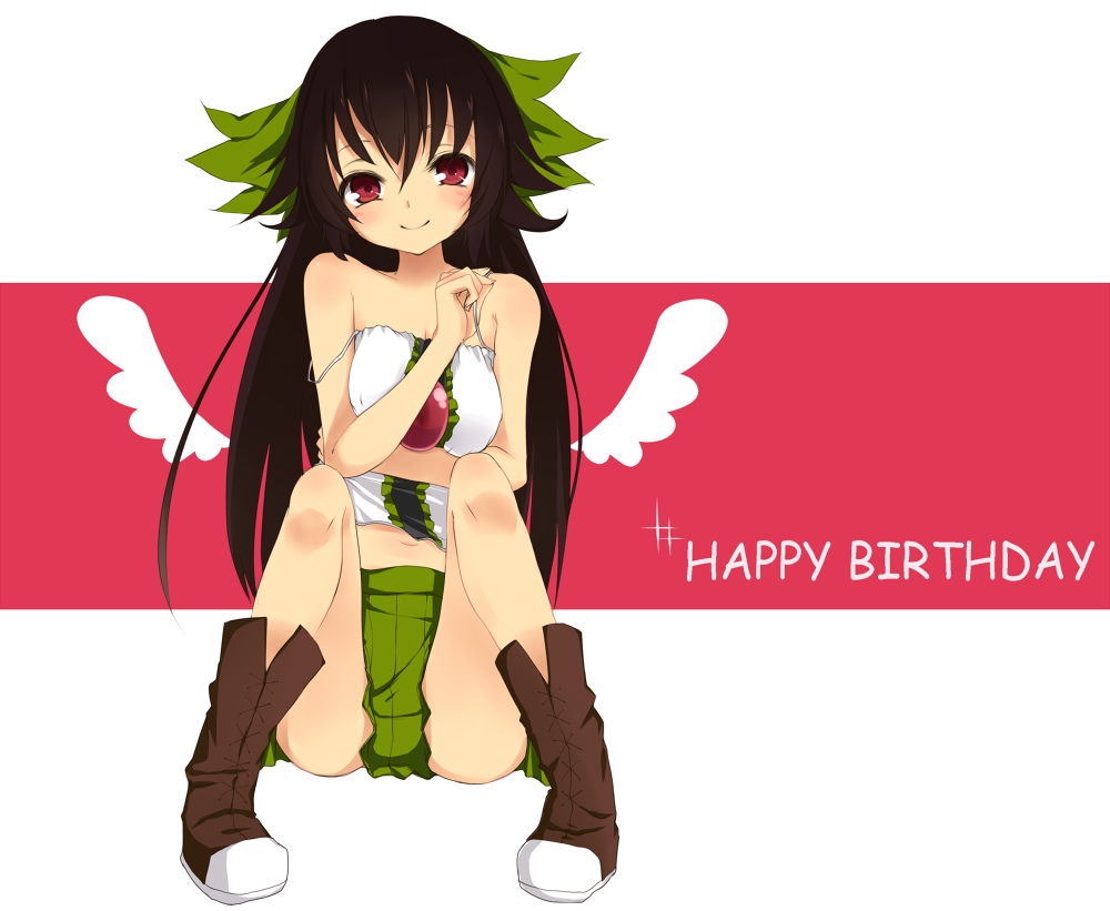 1girl, akisa, bad_id, bad_pixiv_id, black_hair, boots, bow, contemporary, female_focus, hair_bow, happy_birthday, long_hair, midriff, navel, off_shoulder, red_eyes, reiuji_utsuho, skirt, solo, strap_slip, touhou