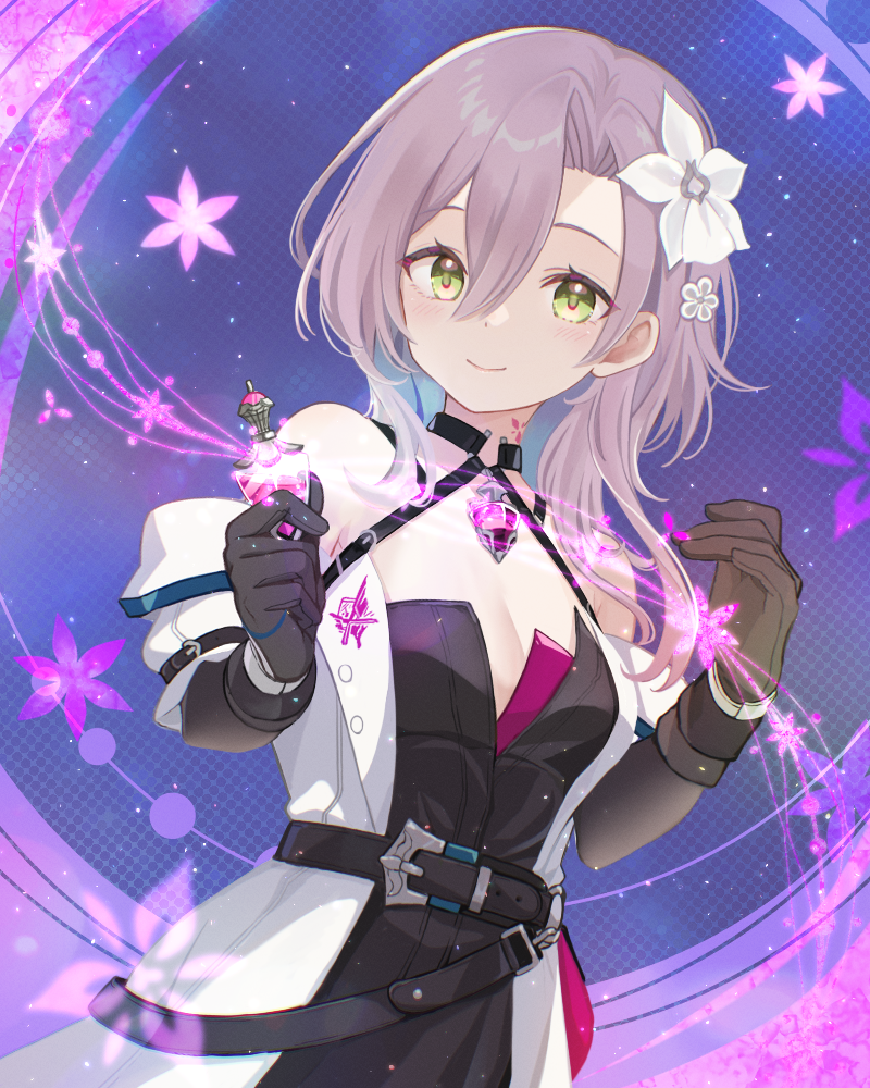 1girl, bare_shoulders, belt, black_belt, black_dress, black_gloves, blue_background, bottle